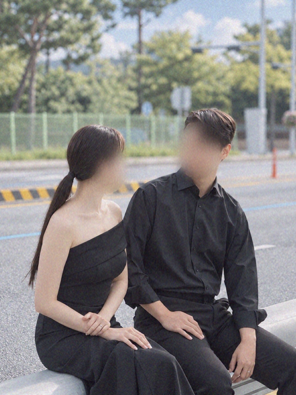 검정 의상을 맞춰 입은 두 사람의 야외 웨딩 사진